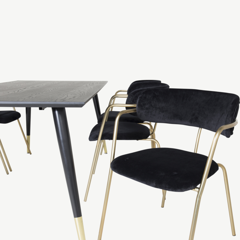 Must söögitoakomplekt Dipp 180×90 cm lauaga ja 6 musta velvetkattega Arrow tugitooliga, kuldsete terasjalgadega, GR19970 – 3