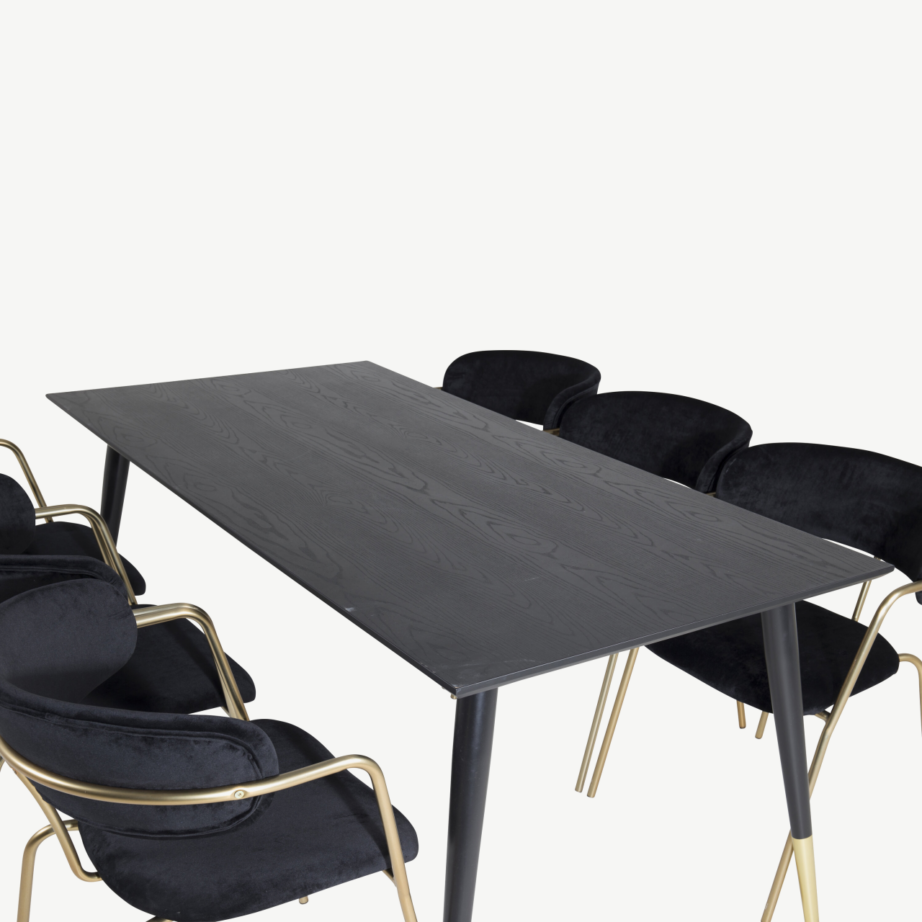 Must söögitoakomplekt Dipp 180×90 cm lauaga ja 6 musta velvetkattega Arrow tugitooliga, kuldsete terasjalgadega, GR19970 – 4