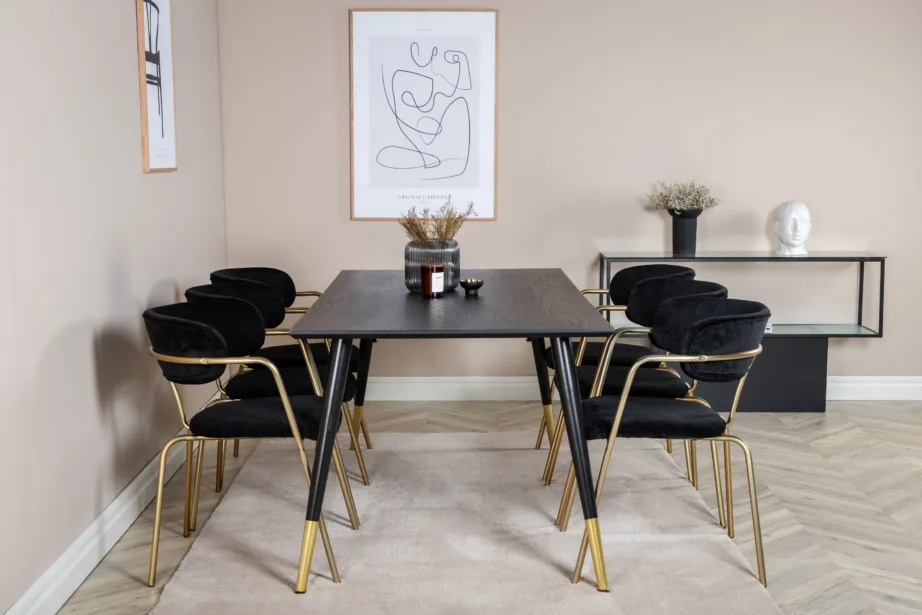 Must söögitoakomplekt Dipp 180×90 cm lauaga ja 6 musta velvetkattega Arrow tugitooliga, kuldsete terasjalgadega, GR19970 – 5