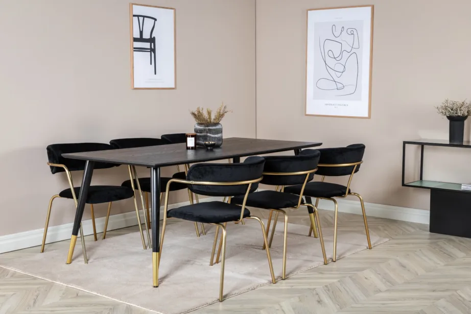 Must söögitoakomplekt Dipp 180×90 cm lauaga ja 6 musta velvetkattega Arrow tugitooliga, kuldsete terasjalgadega, GR19970 – 6
