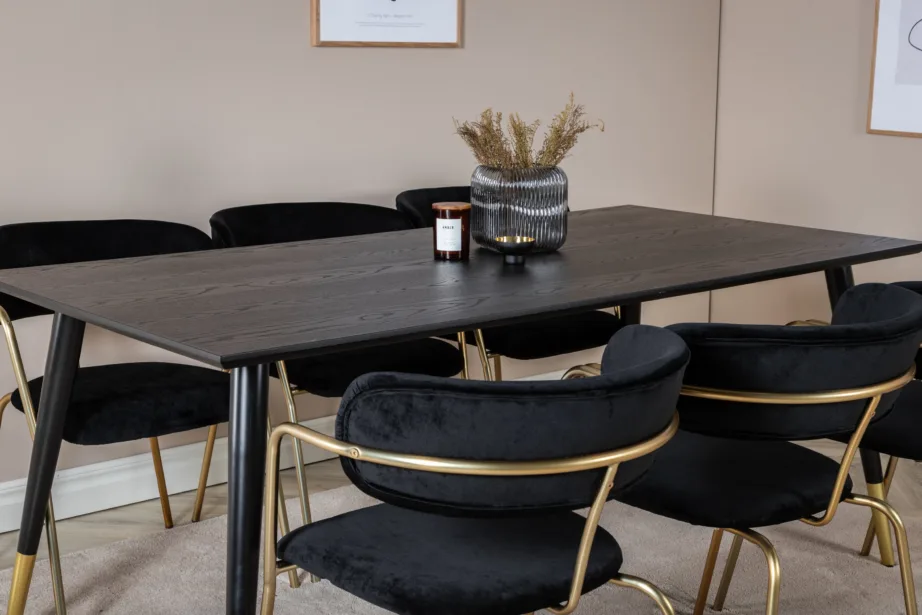Must söögitoakomplekt Dipp 180×90 cm lauaga ja 6 musta velvetkattega Arrow tugitooliga, kuldsete terasjalgadega, GR19970 – 8