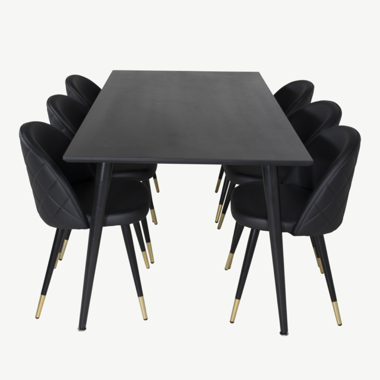 Dipp must söögilaua komplekt: vineerist laud 180×90 cm ja 6 musta sametise välimusega tooli kuldsete detailidega - GR19974