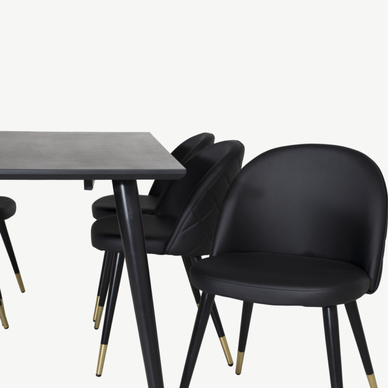 Dipp must söögilaua komplekt: vineerist laud 180×90 cm ja 6 musta sametise välimusega tooli kuldsete detailidega - GR19974