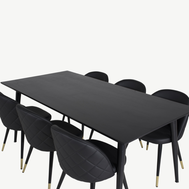 Dipp must söögilaua komplekt: vineerist laud 180×90 cm ja 6 musta sametise välimusega tooli kuldsete detailidega - GR19974