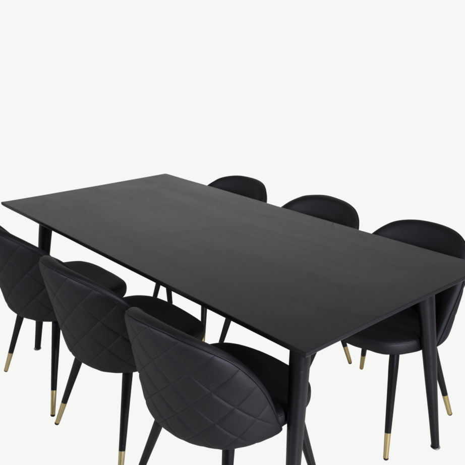 Dipp must söögilaua komplekt: vineerist laud 180×90 cm ja 6 musta sametise välimusega tooli kuldsete detailidega, GR19974 - 4