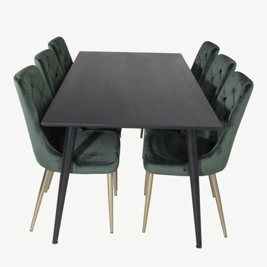 Dipp ristkülikukujuline söögitoakomplekt – must laud ja rohelised samettoolid (6 tk), GR19977 – 2