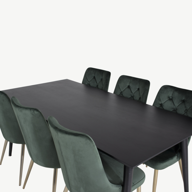 Dipp ristkülikukujuline söögitoakomplekt – must laud ja rohelised samettoolid (6 tk) - GR19977