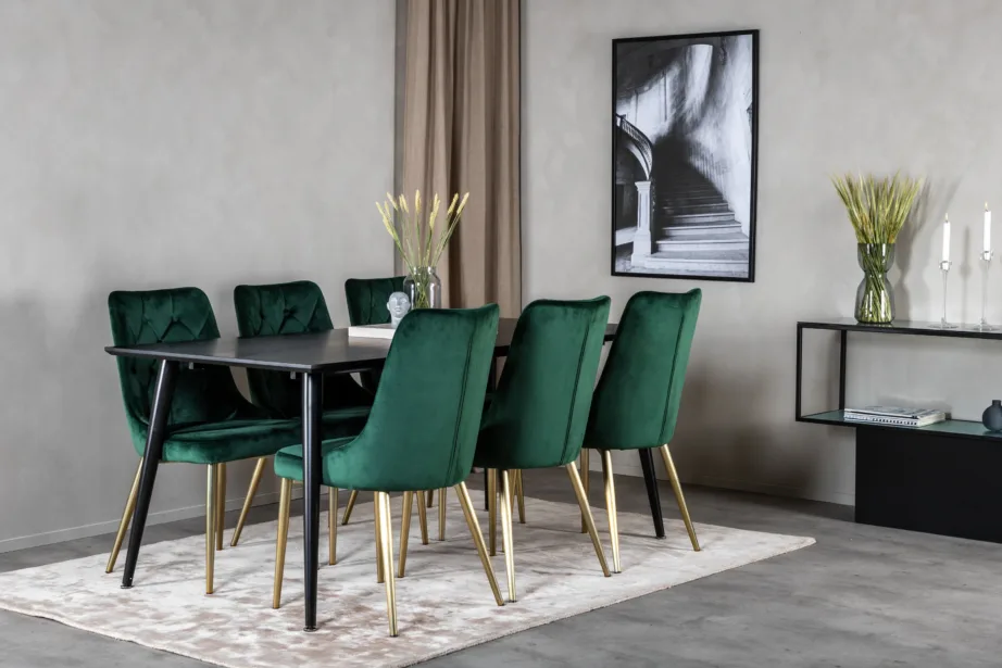 Dipp ristkülikukujuline söögitoakomplekt – must laud ja rohelised samettoolid (6 tk), GR19977 – 6