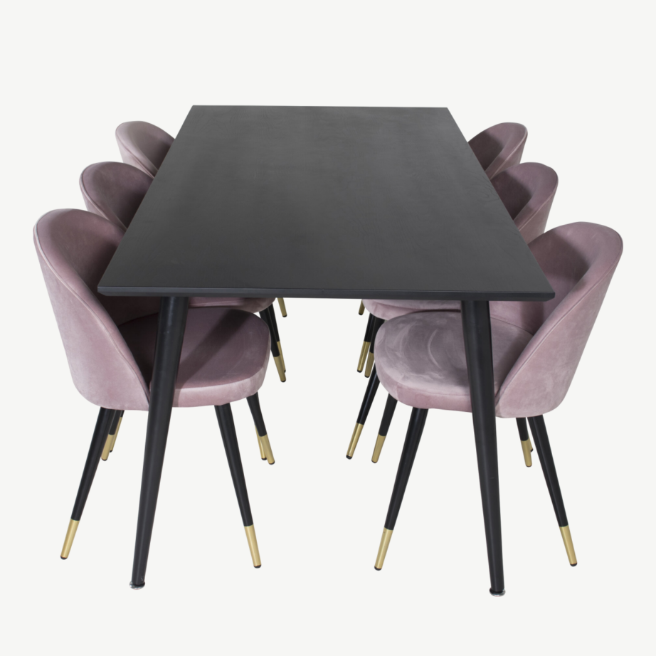 Dipp söögilaud musta viimistlusega ja 6 tolmuroosat samettooli (180×90 cm), GR19978 – 2
