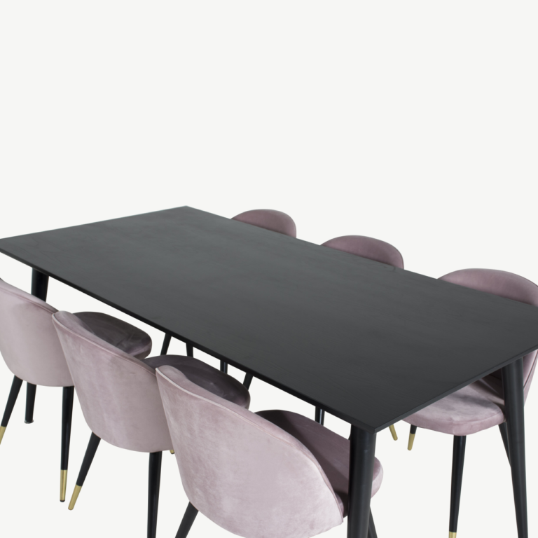 Dipp söögilaud musta viimistlusega ja 6 tolmuroosat samettooli (180x90 cm) - GR19978