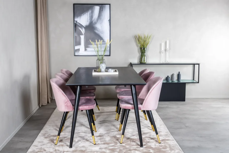 Dipp söögilaud musta viimistlusega ja 6 tolmuroosat samettooli (180×90 cm), GR19978 – 5