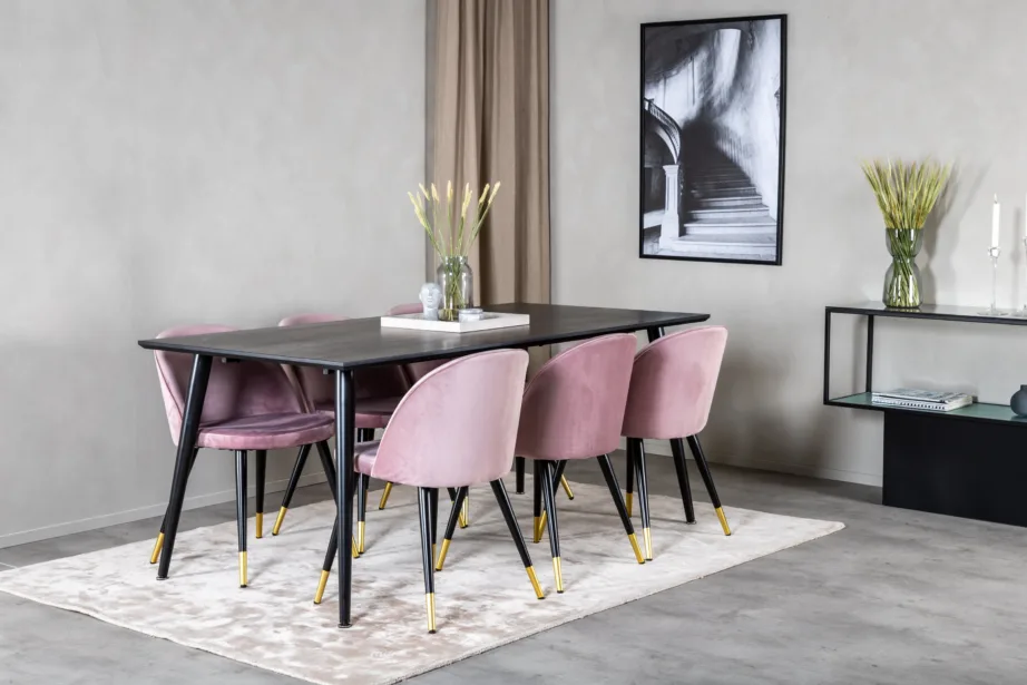 Dipp söögilaud musta viimistlusega ja 6 tolmuroosat samettooli (180×90 cm), GR19978 – 6