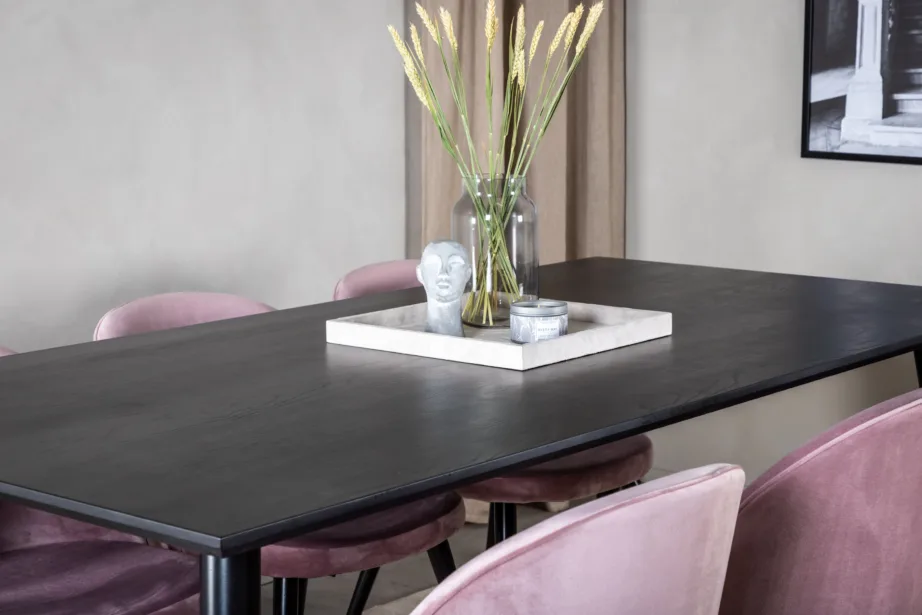 Dipp söögilaud musta viimistlusega ja 6 tolmuroosat samettooli (180×90 cm), GR19978 – 8