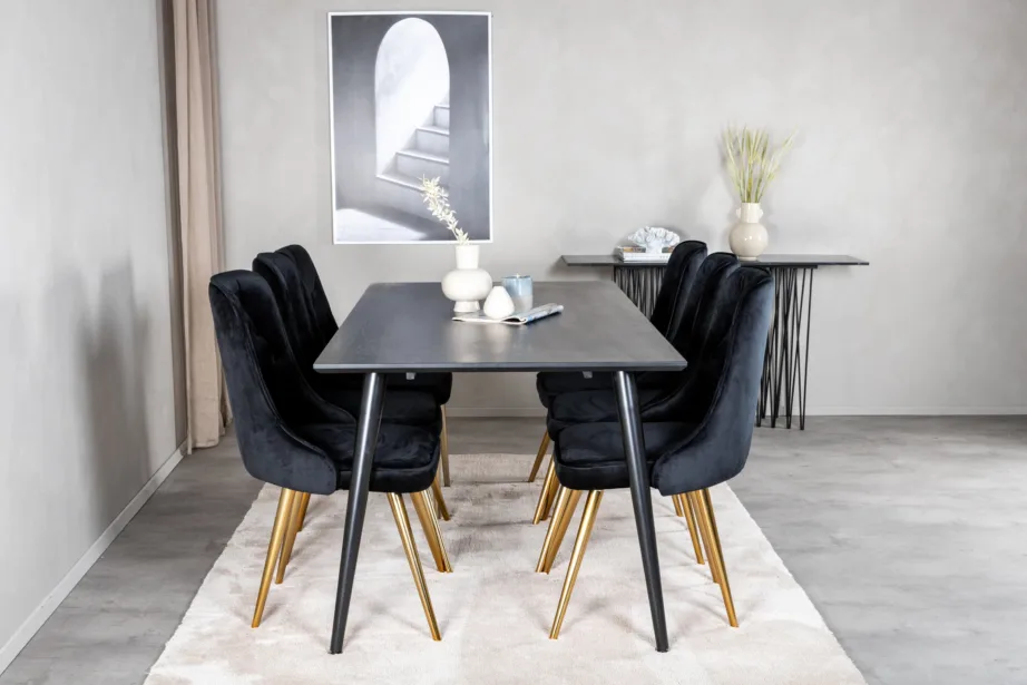 Must söögikomplekt Dipp samettoolidega messingitoonilistel jalgadel (180 × 90 cm), GR19979 – 5