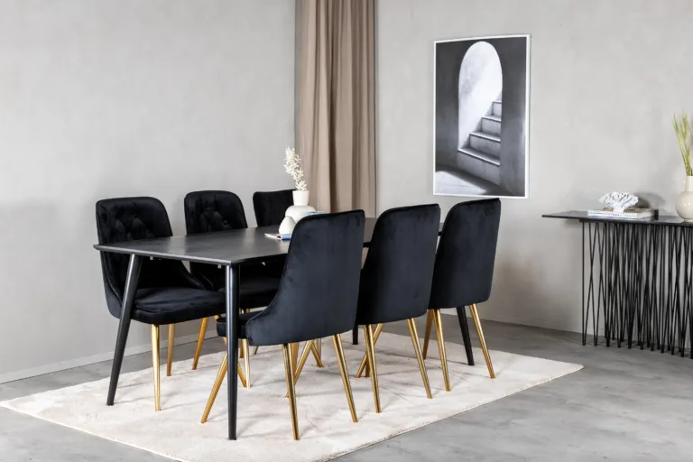 Must söögikomplekt Dipp samettoolidega messingitoonilistel jalgadel (180 × 90 cm) - GR19979
