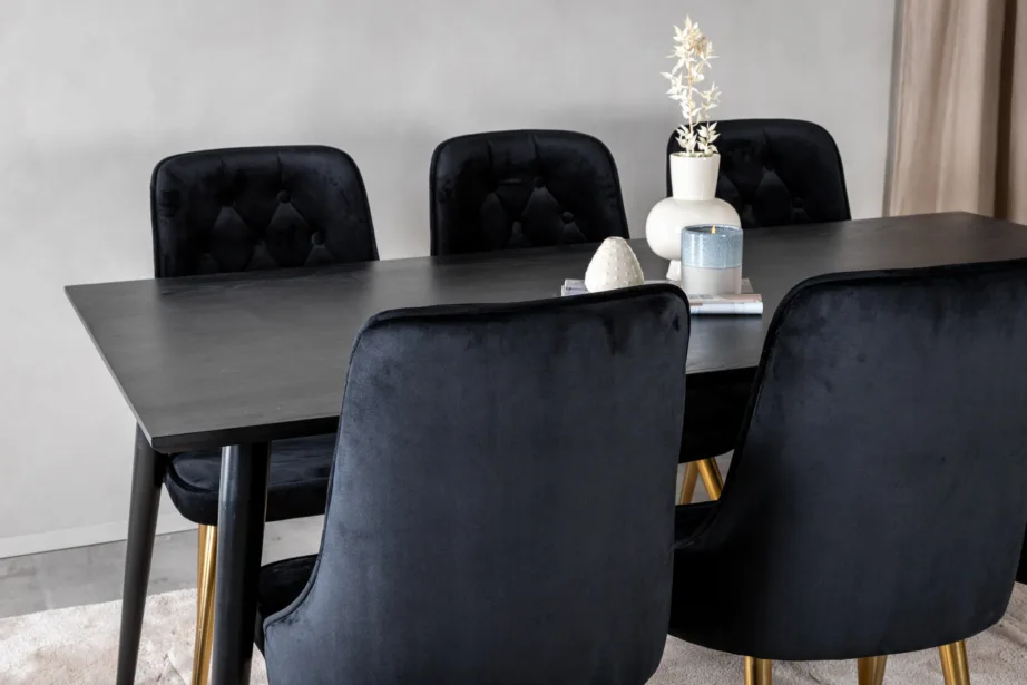 Must söögikomplekt Dipp samettoolidega messingitoonilistel jalgadel (180 × 90 cm), GR19979 – 9