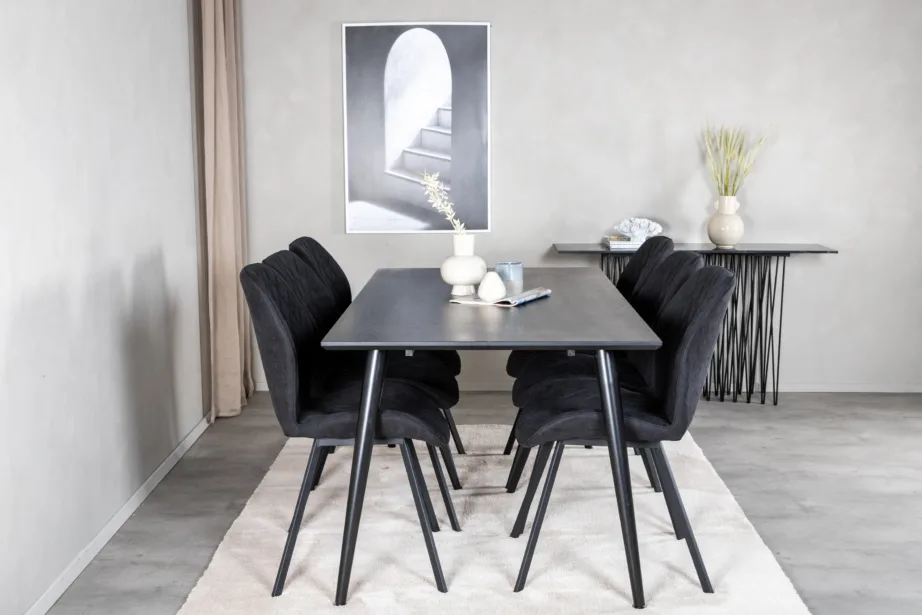 Kaasaegne must söögilauakomplekt Dipp Gemma toolidega (180 × 90 cm, 6 istekohta, metallist jalad), GR19982 – 5