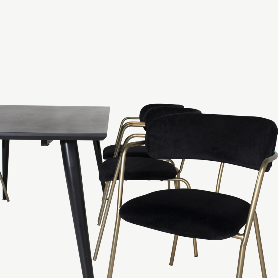 Ristkülikukujuline söögilauakomplekt Dipp (must vineer, 180×90 cm) ja sametist Arrow tugitoolid (mustad, kuldsete terasjalgadega), GR19986 – 3