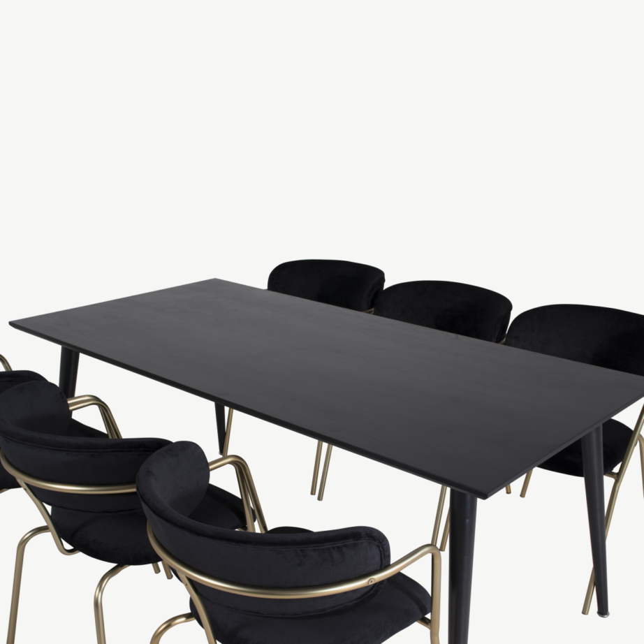 Ristkülikukujuline söögilauakomplekt Dipp (must vineer, 180×90 cm) ja sametist Arrow tugitoolid (mustad, kuldsete terasjalgadega), GR19986 – 4