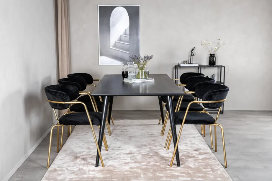 Ristkülikukujuline söögilauakomplekt Dipp (must vineer, 180×90 cm) ja sametist Arrow tugitoolid (mustad, kuldsete terasjalgadega), GR19986 – 5