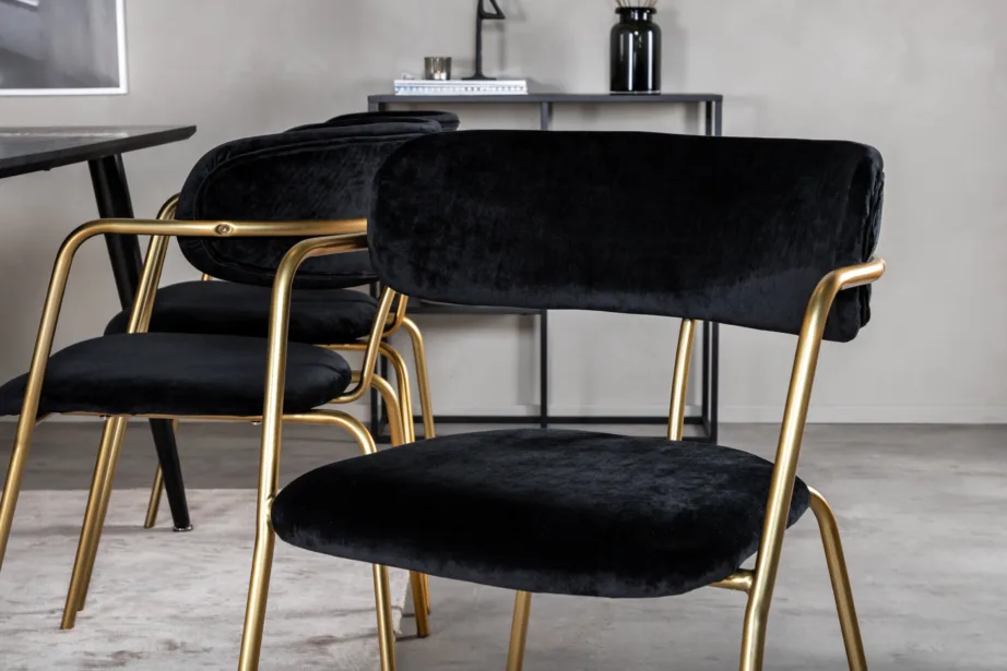 Ristkülikukujuline söögilauakomplekt Dipp (must vineer, 180×90 cm) ja sametist Arrow tugitoolid (mustad, kuldsete terasjalgadega), GR19986 – 7