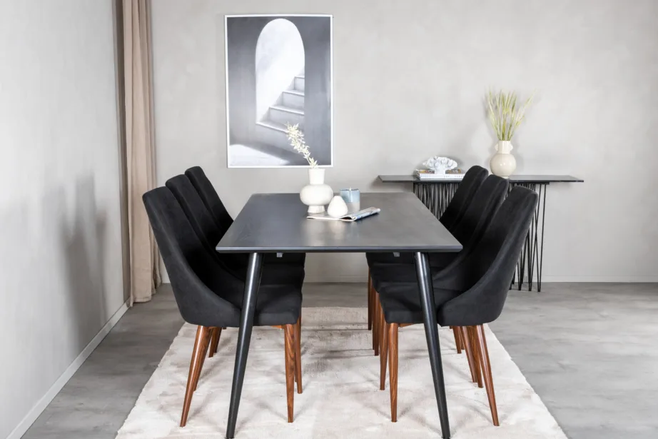 Dipp must söögilaud toolidega – elegantne söögikomplekt (6 Leone tooli, must kangas), GR19988 – 5