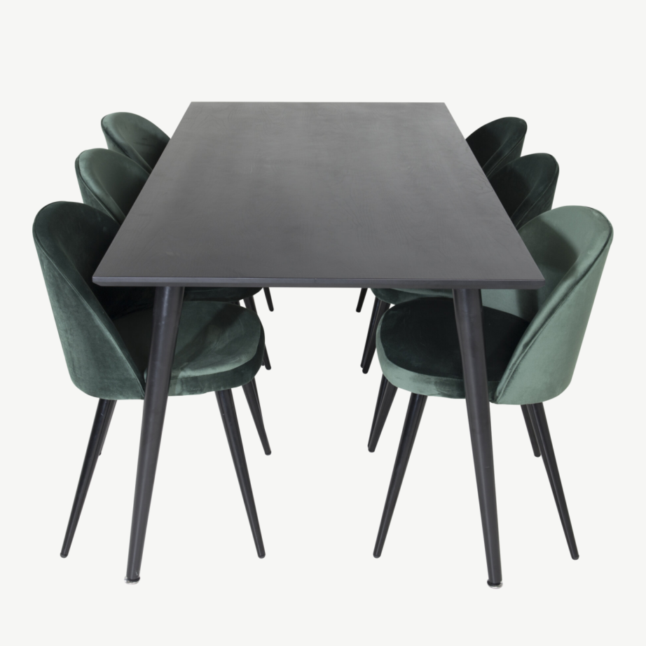 Ristkülikukujuline söögilaud Dipp mustast vineerist (180×90 cm) ja rohelised sametist toolid mustade jalgadega – 6-kohaline söögigrupikomplekt, GR19990 – 2