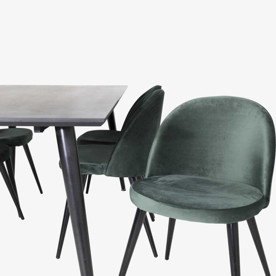 Ristkülikukujuline söögilaud Dipp mustast vineerist (180×90 cm) ja rohelised sametist toolid mustade jalgadega – 6-kohaline söögigrupikomplekt, GR19990 – 3