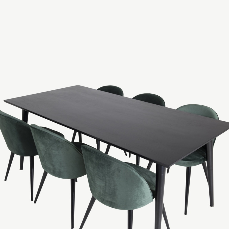 Ristkülikukujuline söögilaud Dipp mustast vineerist (180×90 cm) ja rohelised sametist toolid mustade jalgadega – 6-kohaline söögigrupikomplekt - GR19990