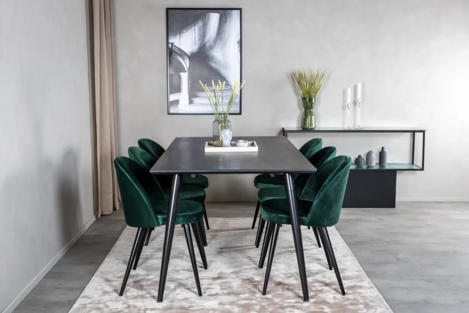 Ristkülikukujuline söögilaud Dipp mustast vineerist (180×90 cm) ja rohelised sametist toolid mustade jalgadega – 6-kohaline söögigrupikomplekt, GR19990 – 5