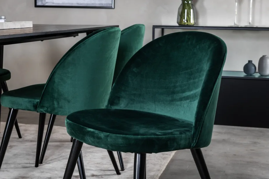 Ristkülikukujuline söögilaud Dipp mustast vineerist (180×90 cm) ja rohelised sametist toolid mustade jalgadega – 6-kohaline söögigrupikomplekt, GR19990 – 7