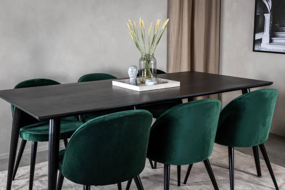 Ristkülikukujuline söögilaud Dipp mustast vineerist (180×90 cm) ja rohelised sametist toolid mustade jalgadega – 6-kohaline söögigrupikomplekt, GR19990 – 8