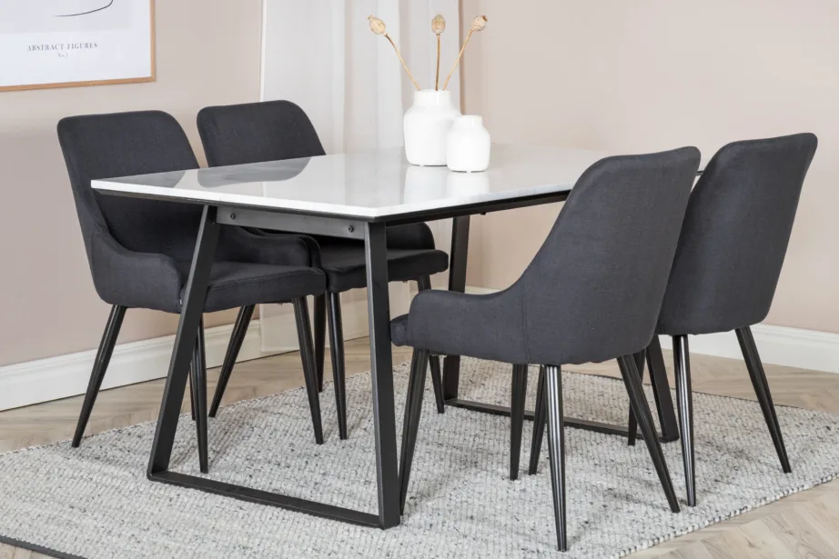 Valge marmorist söögikomplekt Estelle mustade Plaza toolidega, GR19993 – 4