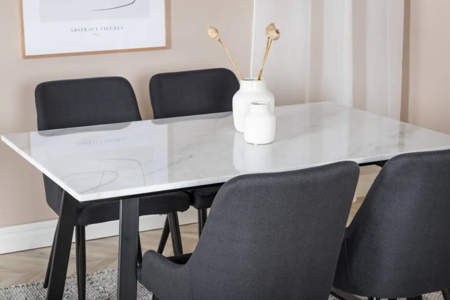 Valge marmorist söögikomplekt Estelle mustade Plaza toolidega, GR19993 – 6