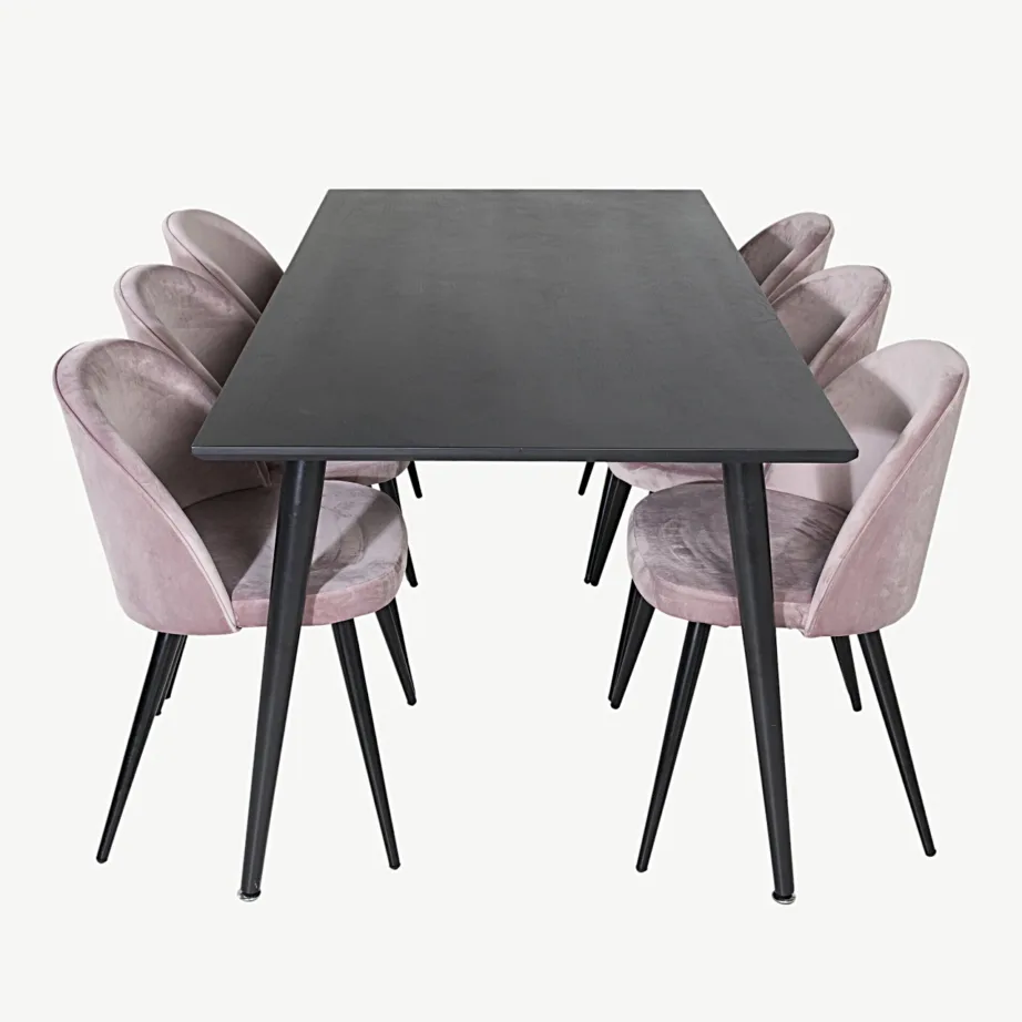 Dipp söögikomplekt musta laua ja tolmuroosade samettoolidega (180 × 90 cm), GR19994 – 2