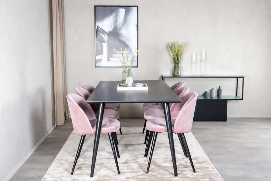 Dipp söögikomplekt musta laua ja tolmuroosade samettoolidega (180 × 90 cm), GR19994 – 5