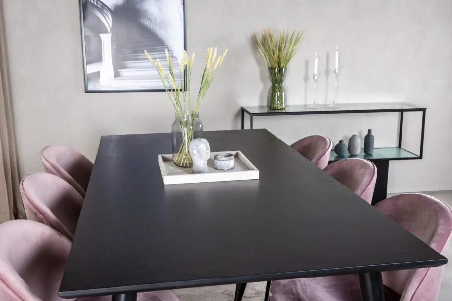 Dipp söögikomplekt musta laua ja tolmuroosade samettoolidega (180 × 90 cm), GR19994 – 8