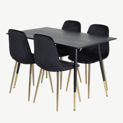 Must söögilauakomplekt Dipp 120 cm (must vineer, kuldsed detailid, 4 musta sametist tooli) - GR19998