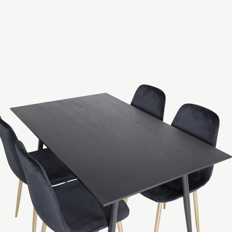 Must söögilauakomplekt Dipp 120 cm (must vineer, kuldsed detailid, 4 musta sametist tooli) - GR19998
