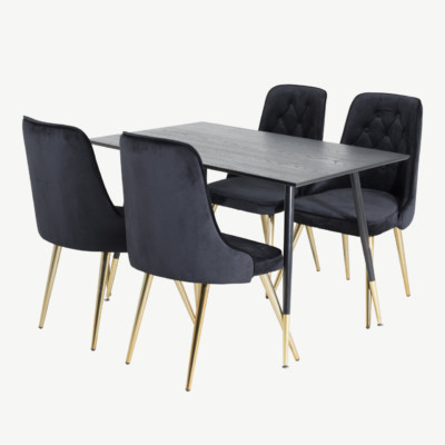Dipp ristkülikukujuline must söögilauakomplekt velvetist toolidega, must/kuld - GR20002