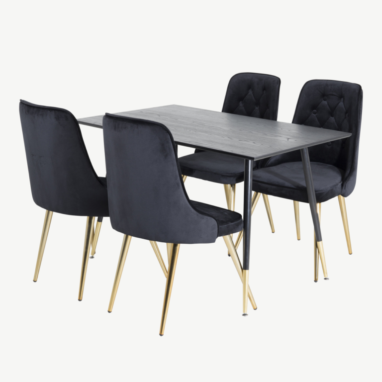 Dipp ristkülikukujuline must söögilauakomplekt velvetist toolidega, must/kuld - GR20002