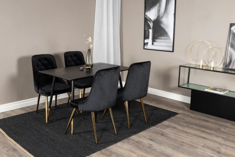 Dipp ristkülikukujuline must söögilauakomplekt velvetist toolidega, must/kuld - GR20002