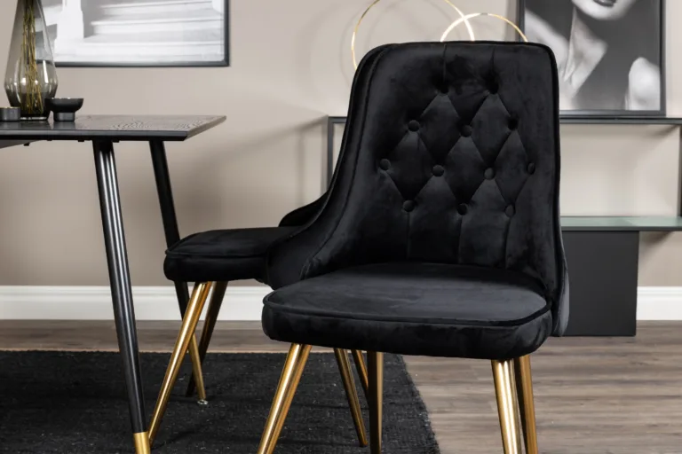 Dipp ristkülikukujuline must söögilauakomplekt velvetist toolidega, must/kuld - GR20002