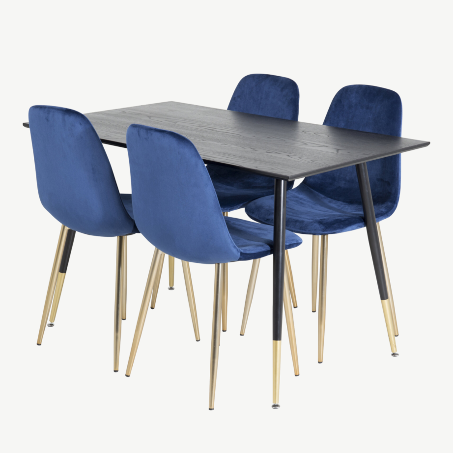 Must söögilaud Dipp siniste samettoolidega Polar (4 tk), kuldsete detailidega, GR20003