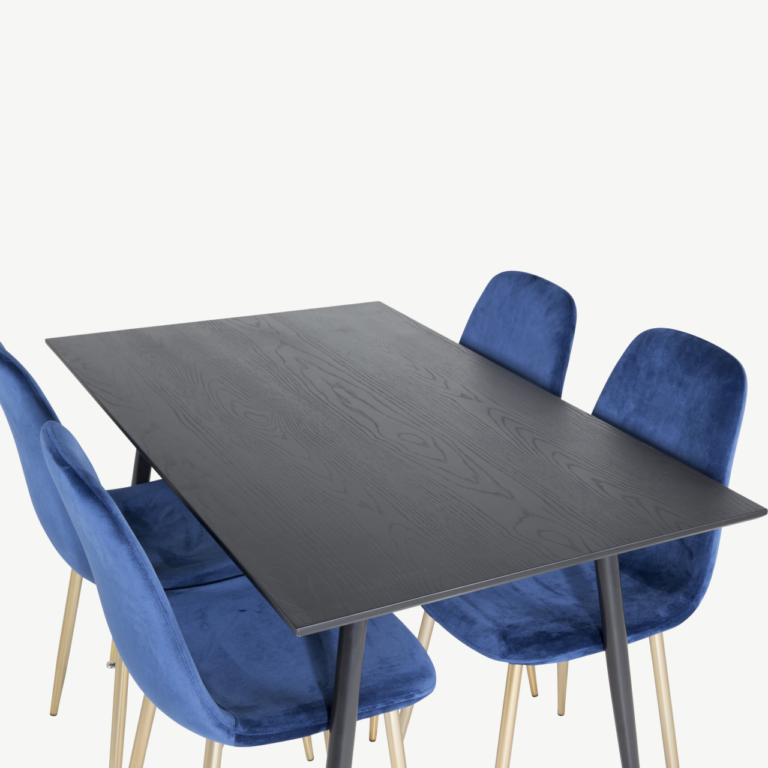 Must söögilaud Dipp siniste samettoolidega Polar (4 tk), kuldsete detailidega - GR20003