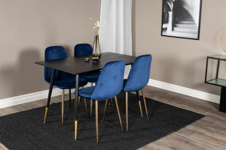Must söögilaud Dipp siniste samettoolidega Polar (4 tk), kuldsete detailidega - GR20003