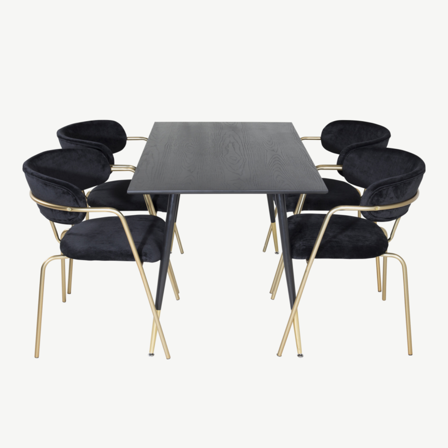 Must söögilauakomplekt Dipp mustast vineerist lauaga ja kuldsete Arrow velvettoolidega, GR20005 – 2