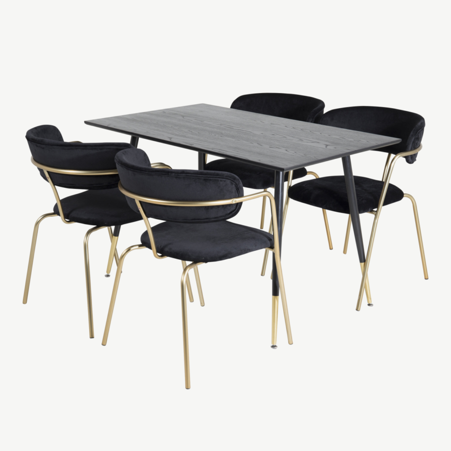 Must söögilauakomplekt Dipp mustast vineerist lauaga ja kuldsete Arrow velvettoolidega, GR20005