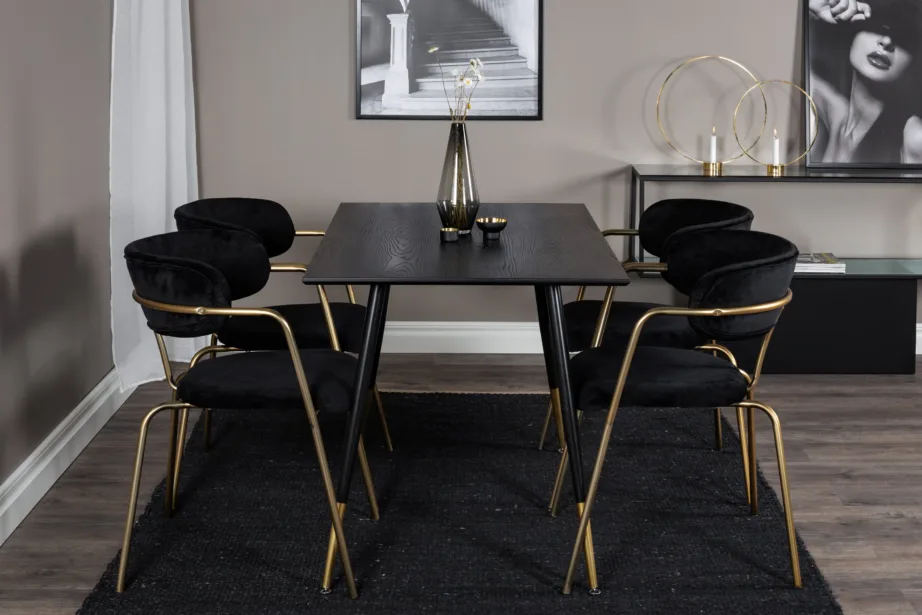 Must söögilauakomplekt Dipp mustast vineerist lauaga ja kuldsete Arrow velvettoolidega, GR20005 – 5