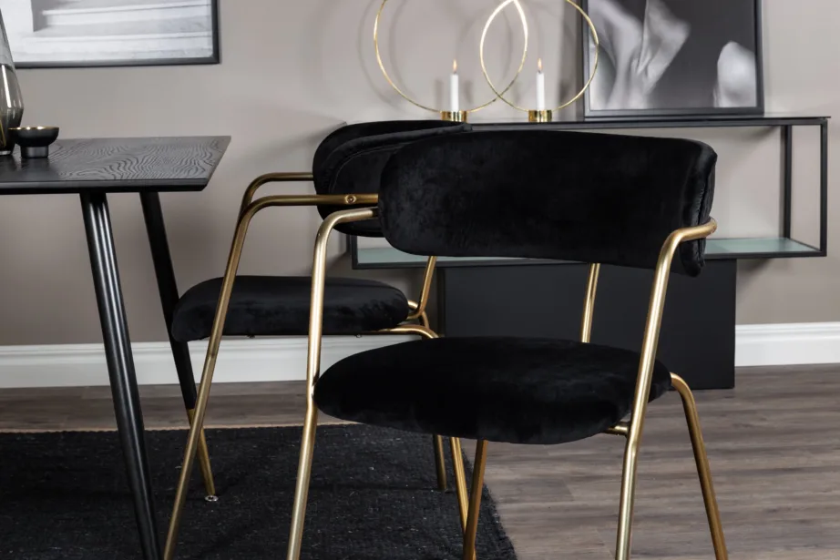 Must söögilauakomplekt Dipp mustast vineerist lauaga ja kuldsete Arrow velvettoolidega, GR20005 – 7